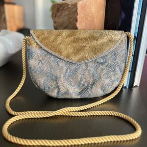 Vintage Beaded Evening Bag with Gold-Tone Cord Strap